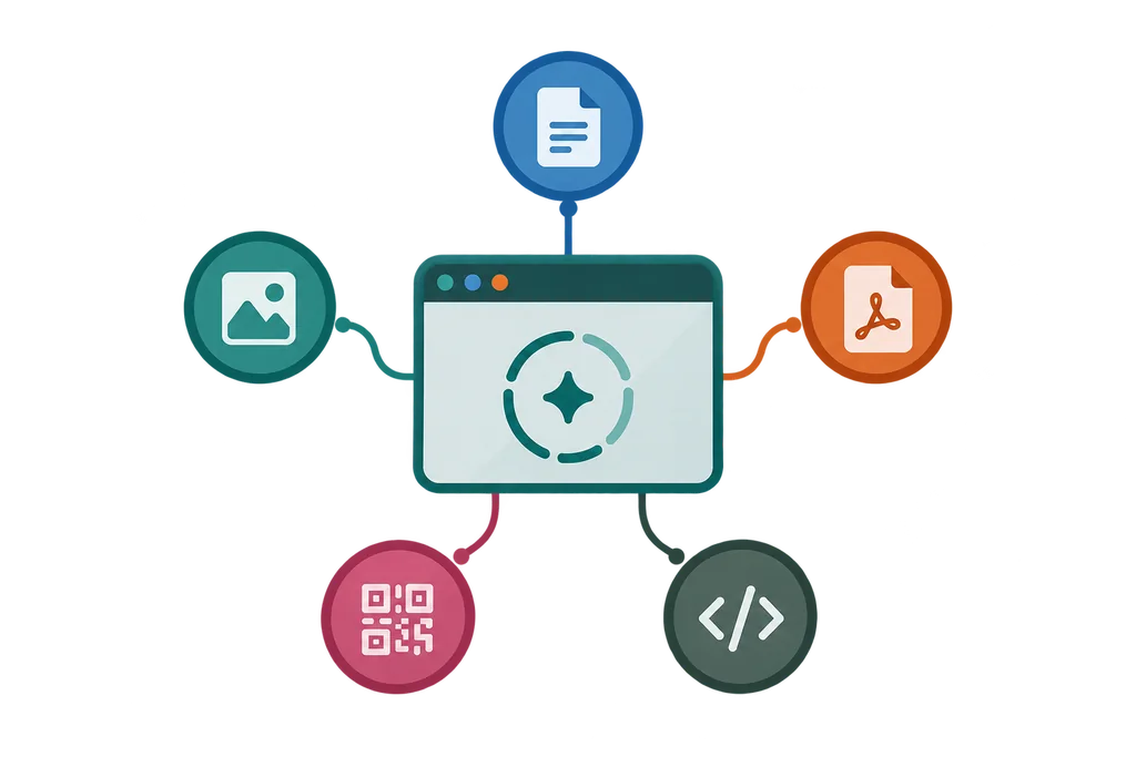 Illustration of browser-based document, image, PDF, QR, and code tools processed locally.
